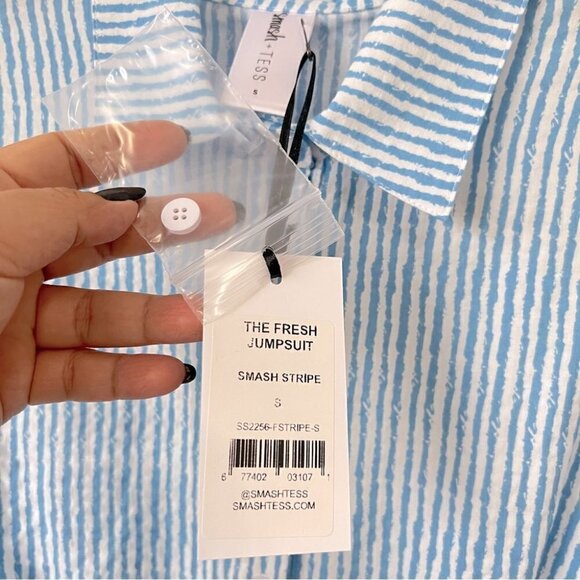 Smash + Tess, Women's Fresh Romper Jumpsuit In Smash Stripe -Blue/White. Size: S - Picture 8 of 15